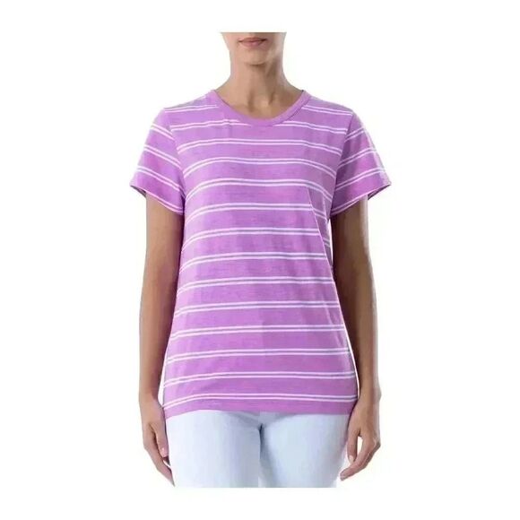 Time & Tru Women's Pink Orchid Bloom/Vivid White Cotton/Poly Striped T-Shirt NEW - Picture 2 of 11